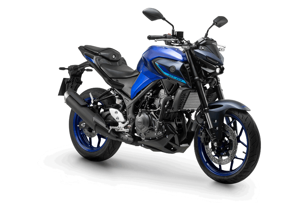 Moto azul, vista de três quartos.