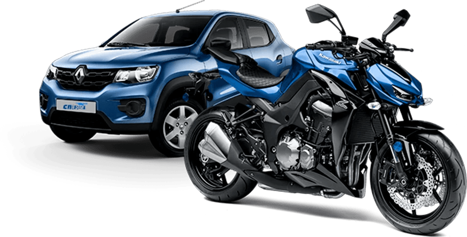 Carro azul e moto azul, lado a lado.